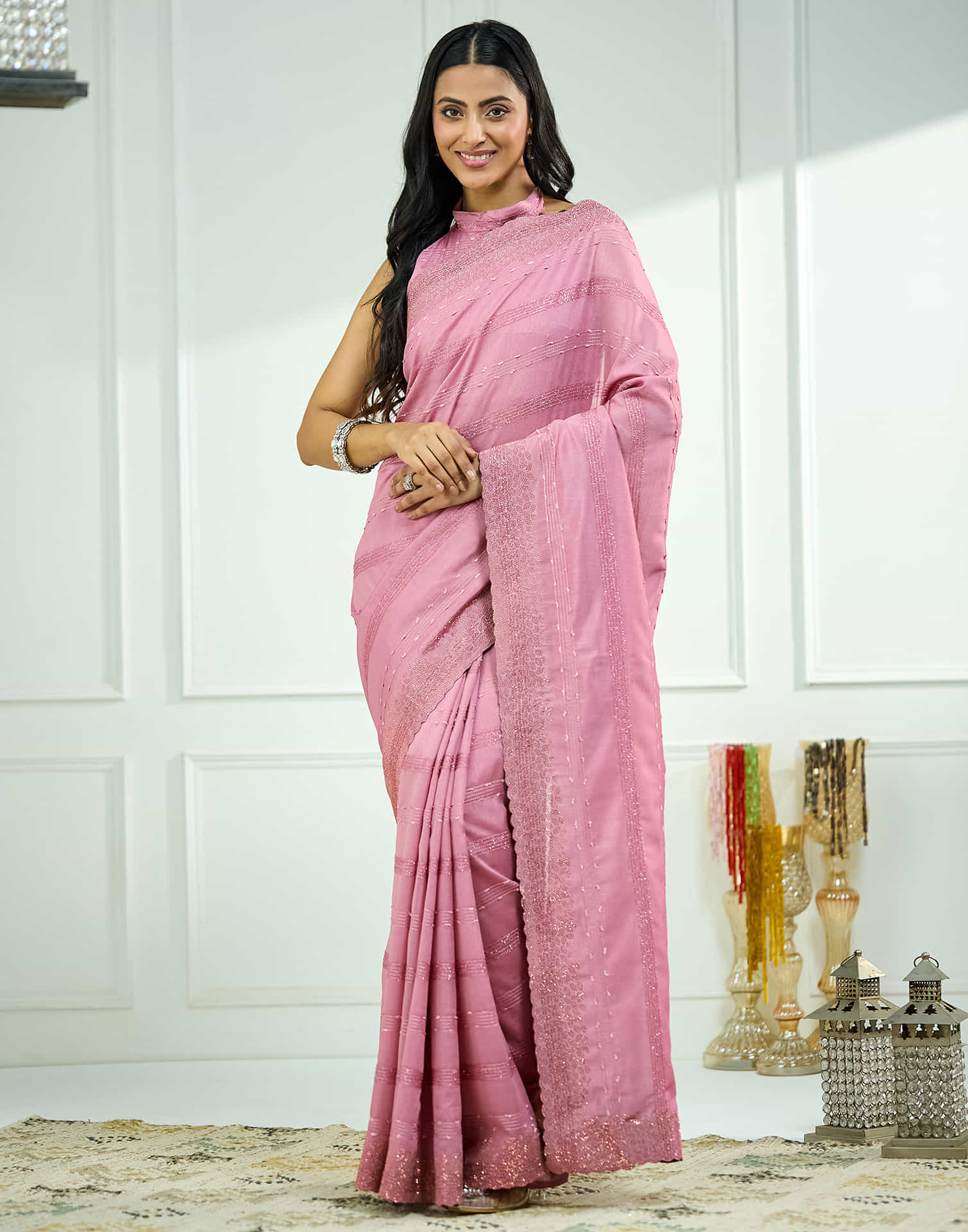 Rose Pink Silk Stone Work Swarovski Saree