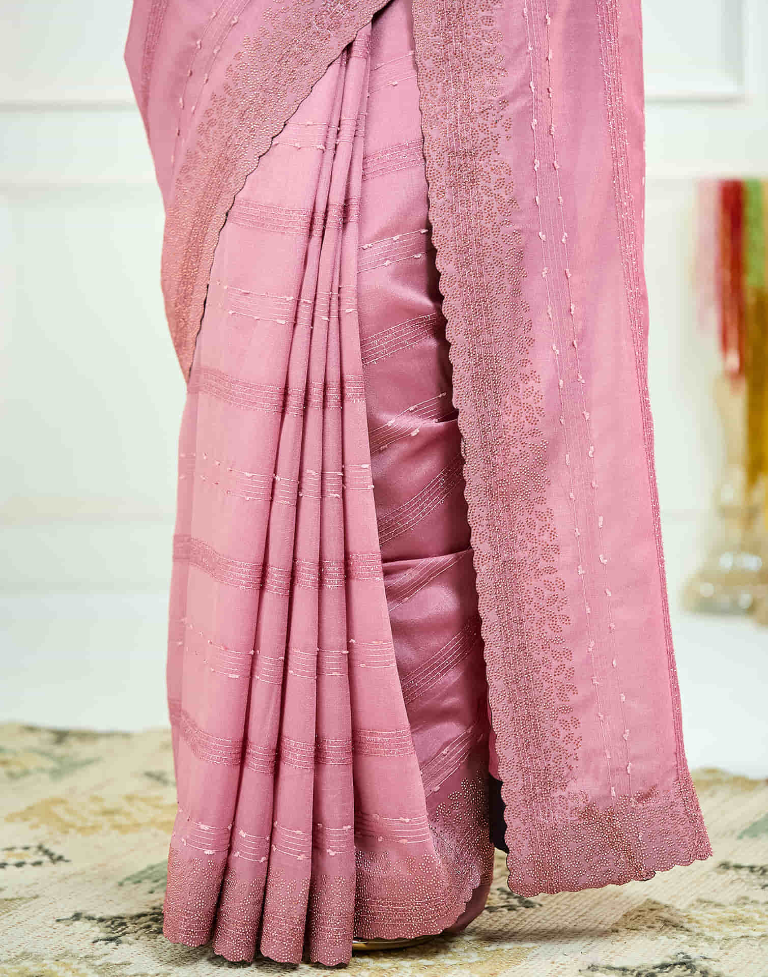 Rose Pink Silk Stone Work Swarovski Saree