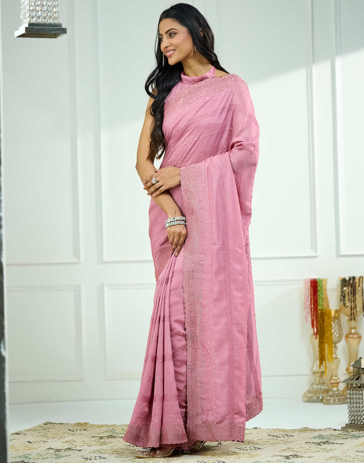 Rose Pink Silk Stone Work Swarovski Saree