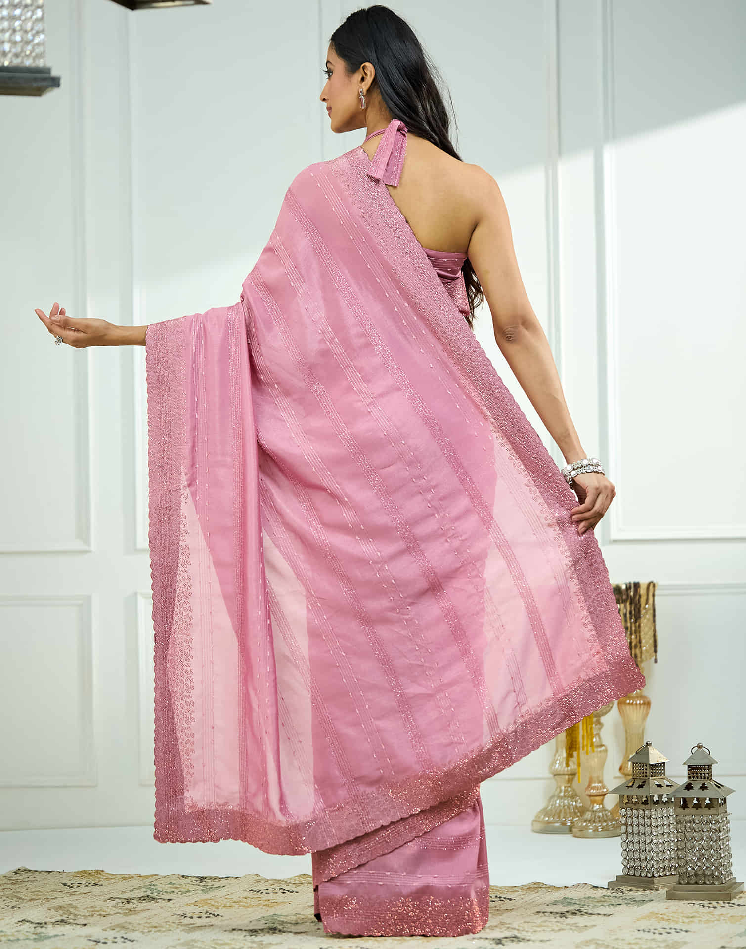 Rose Pink Silk Stone Work Swarovski Saree