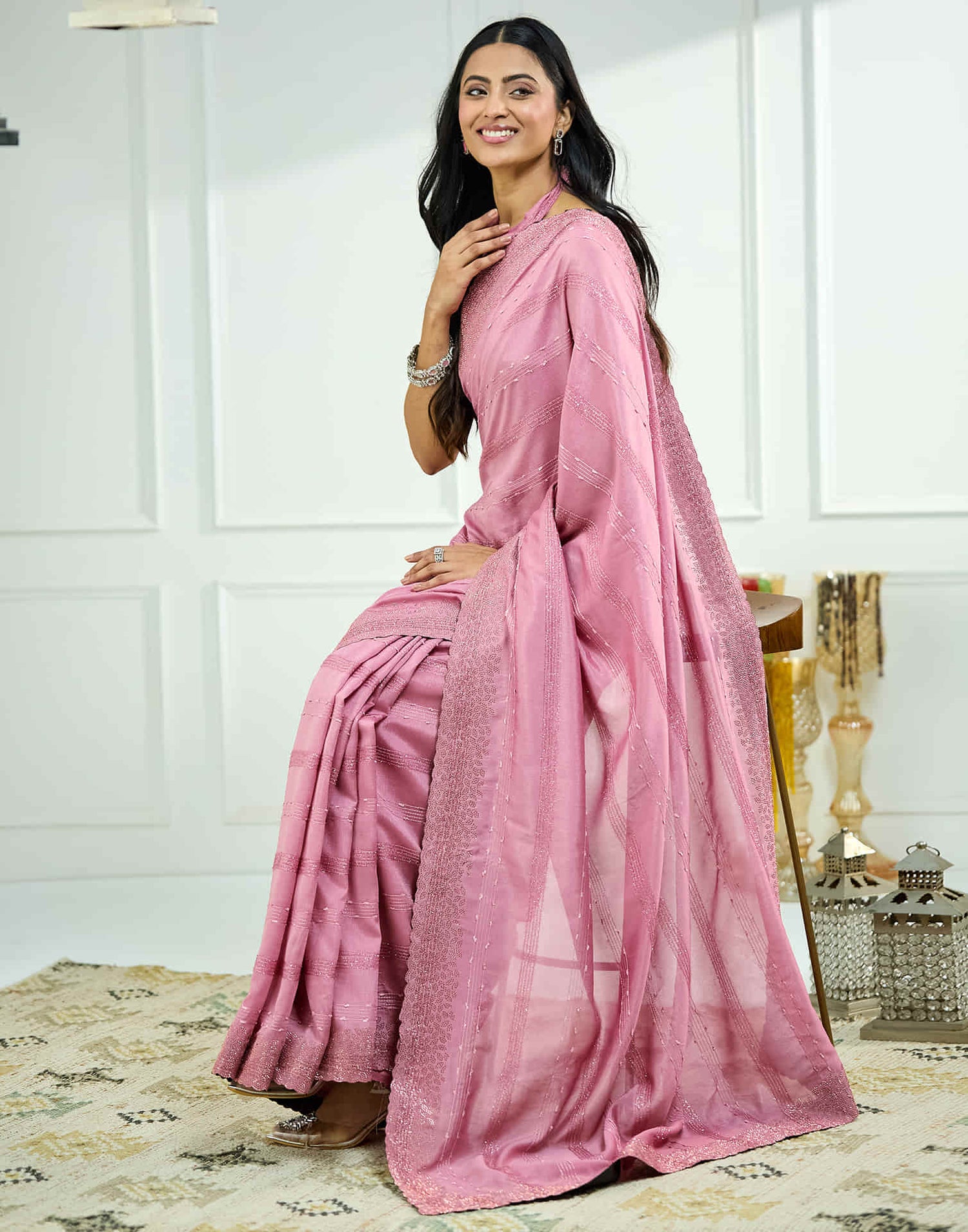 Rose Pink Silk Stone Work Swarovski Saree