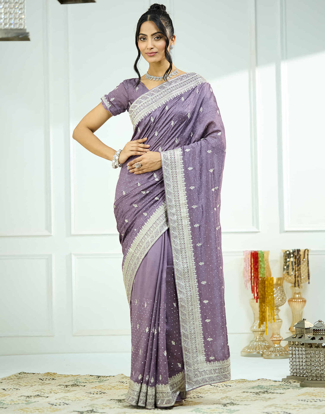 Purple Silk Embroidery Swarovski Saree