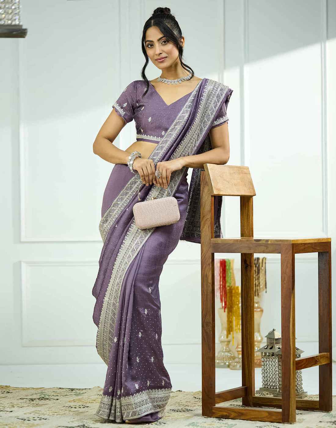 Purple Silk Embroidery Swarovski Saree