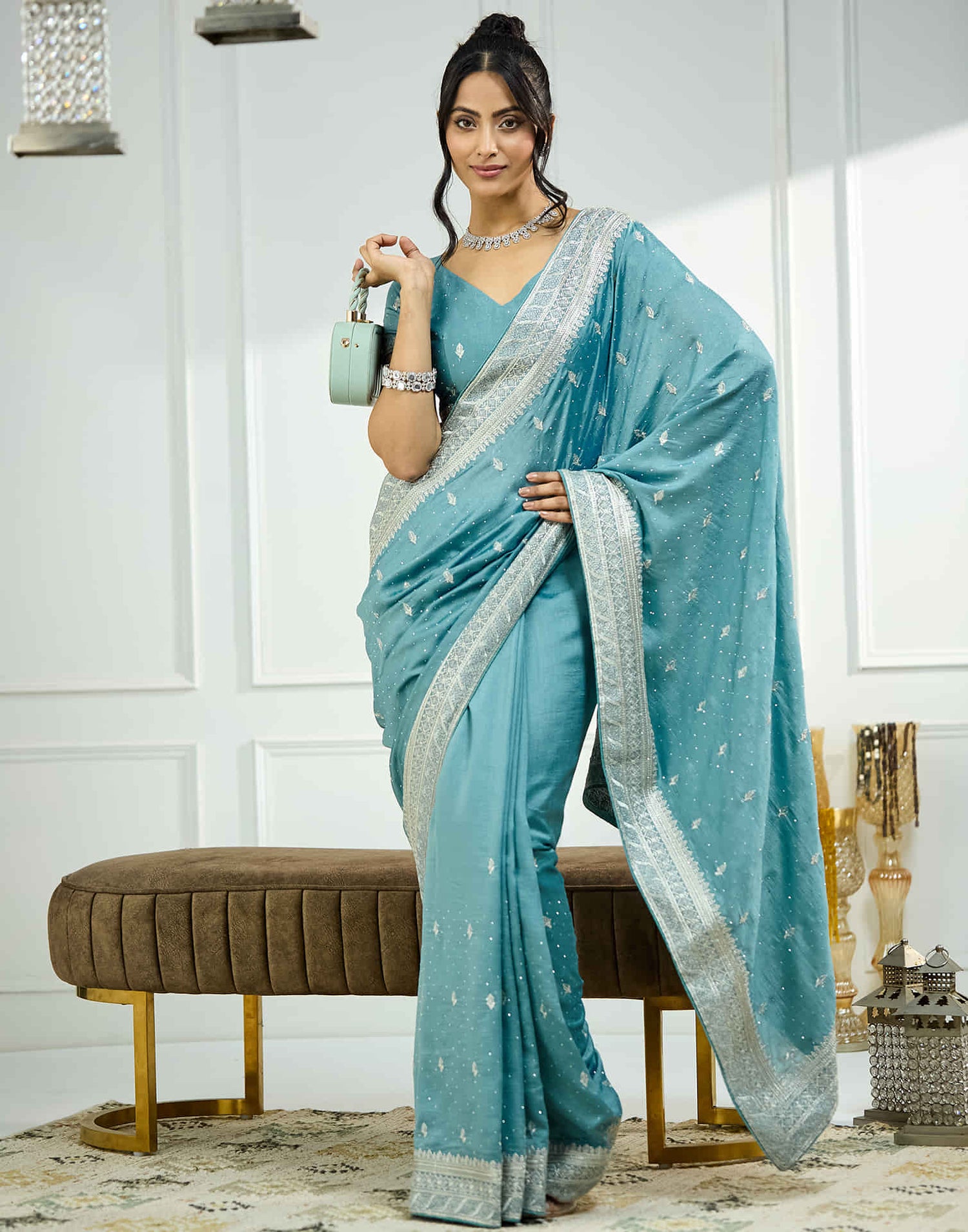 Dusty Blue Silk Embroidery Swarovski Saree