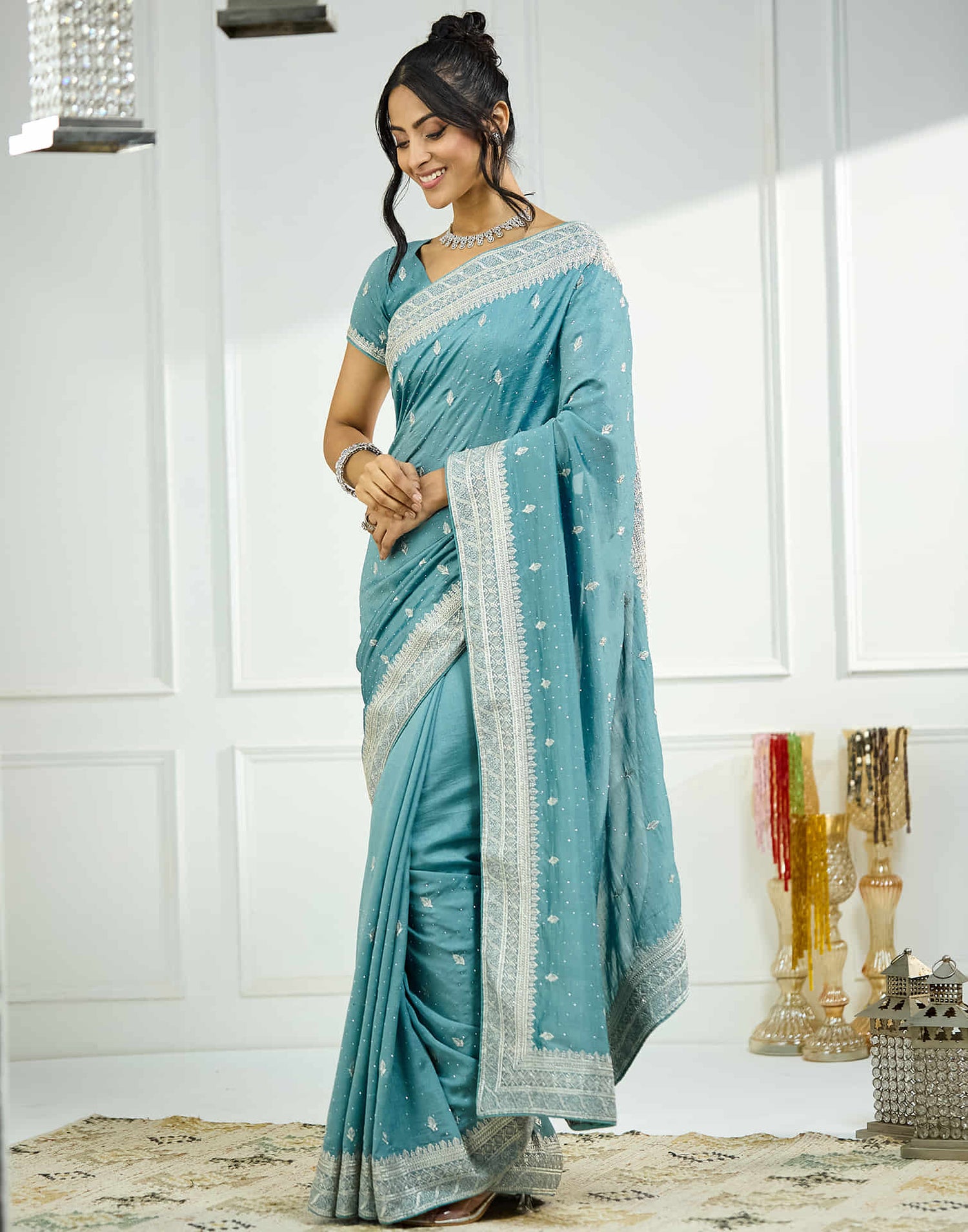 Dusty Blue Silk Embroidery Swarovski Saree