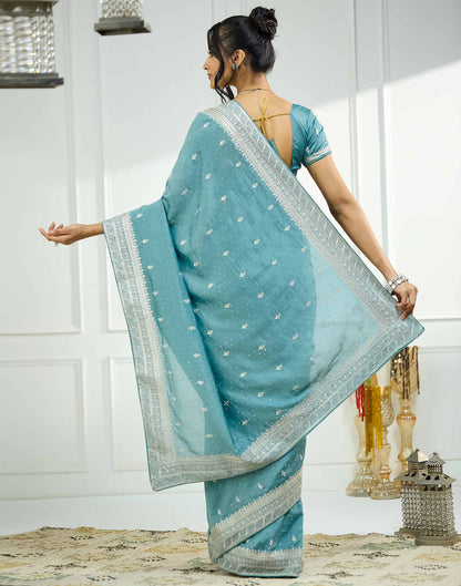 Dusty Blue Silk Embroidery Swarovski Saree