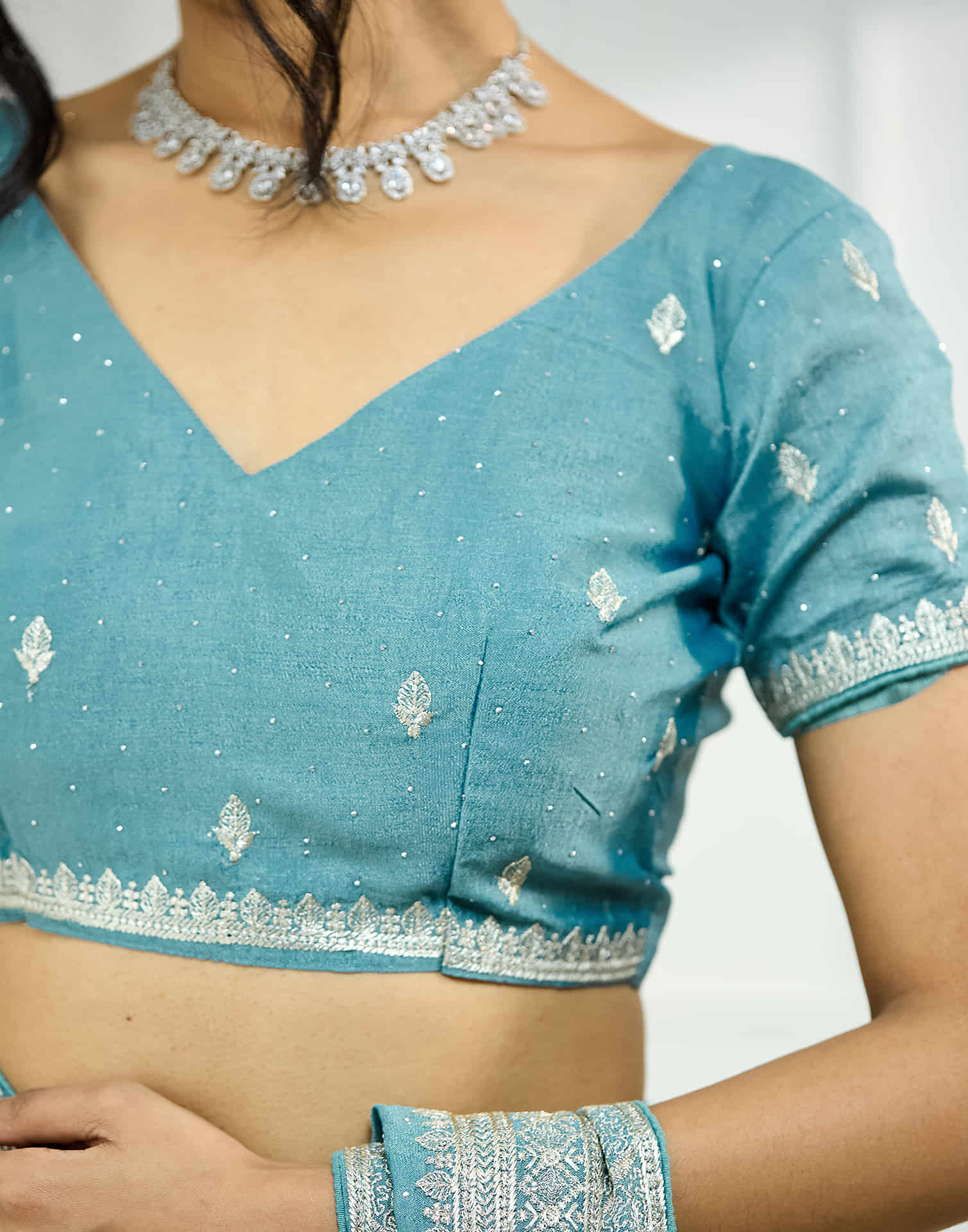 Dusty Blue Silk Embroidery Swarovski Saree