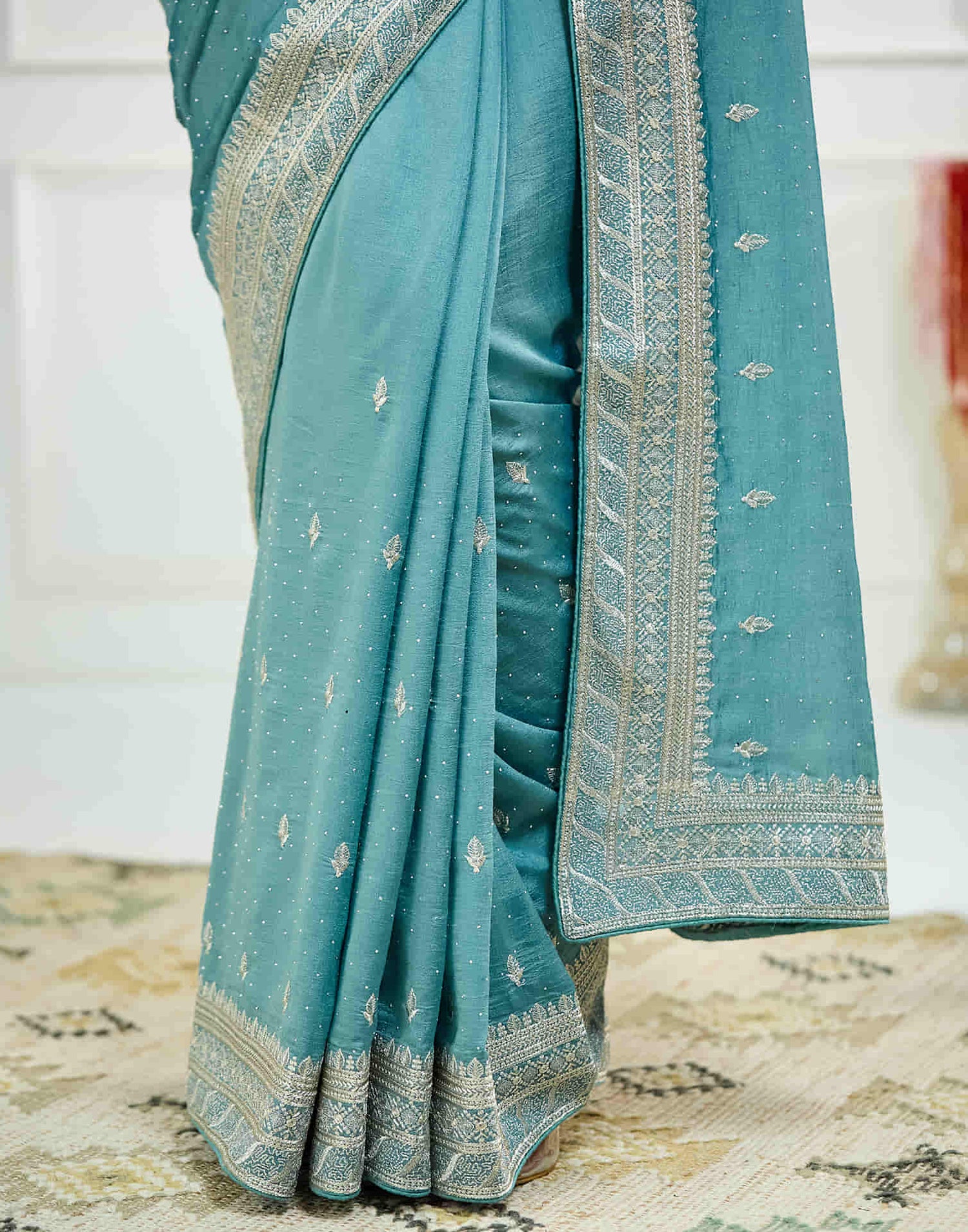 Dusty Blue Silk Embroidery Swarovski Saree