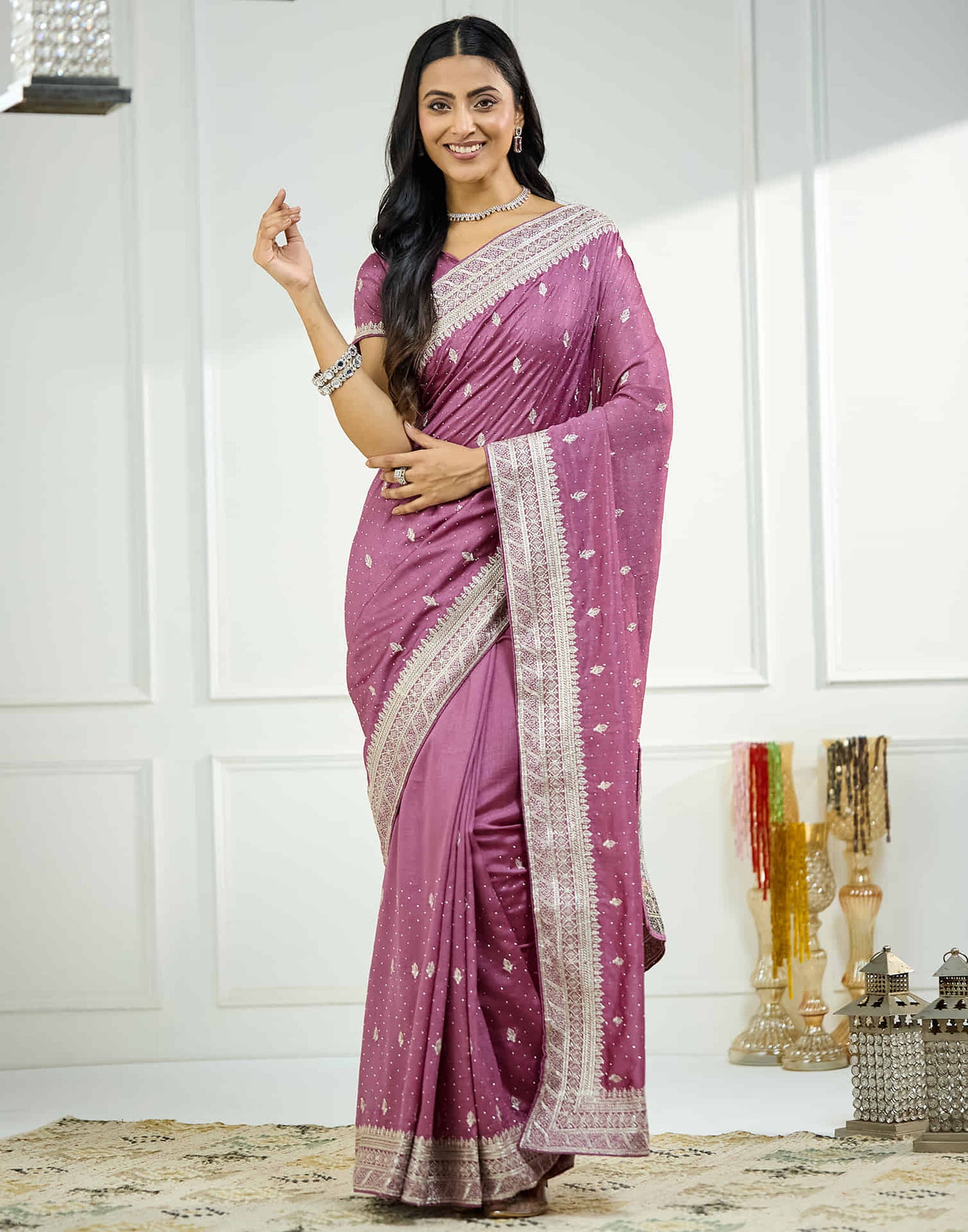 Pink Silk Embroidery Swarovski Saree