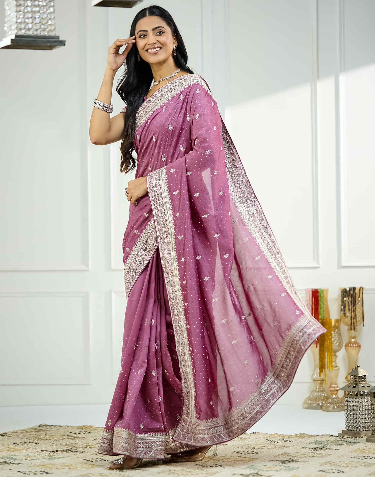 Pink Silk Embroidery Swarovski Saree