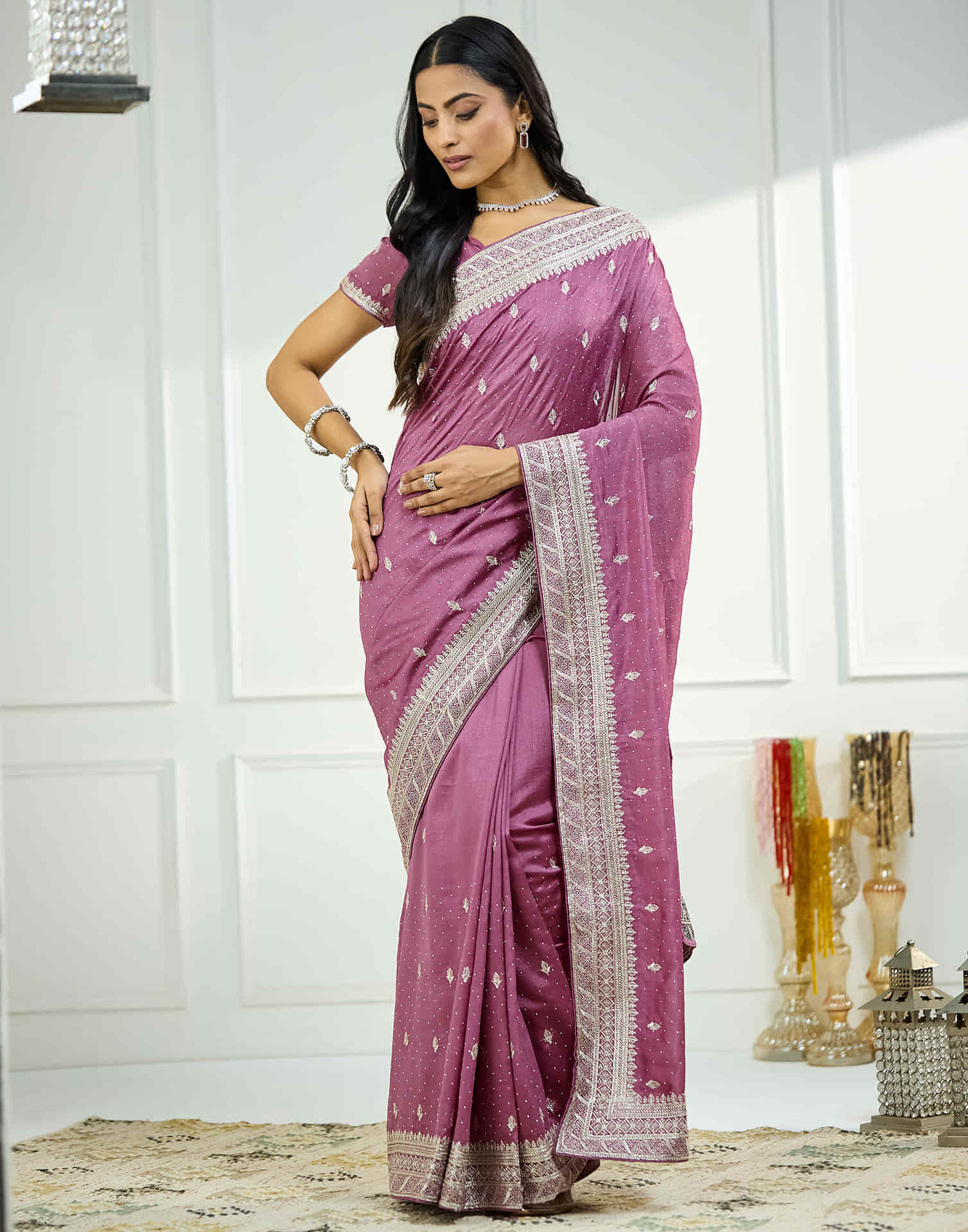 Pink Silk Embroidery Swarovski Saree