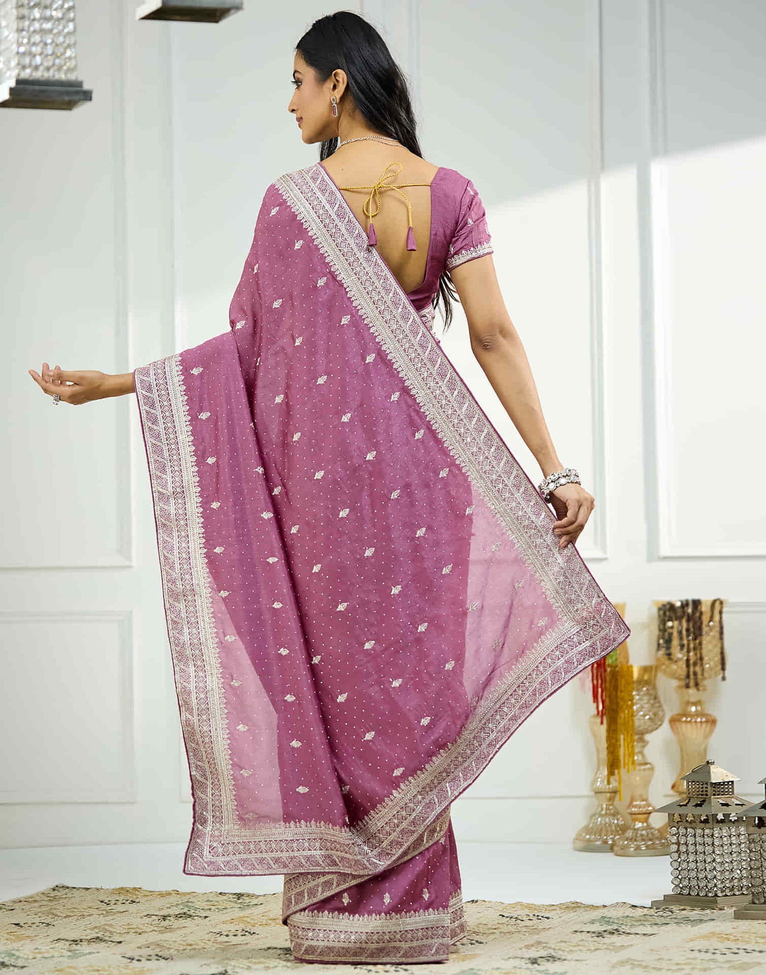 Pink Silk Embroidery Swarovski Saree