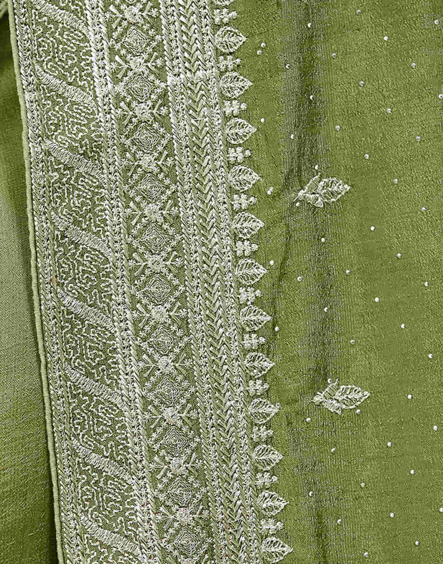 Dark Pista Green Silk Embroidery Swarovski Saree