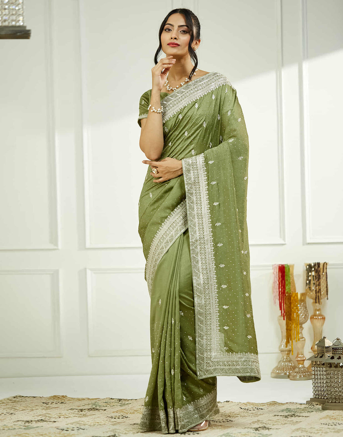 Dark Pista Green Silk Embroidery Swarovski Saree