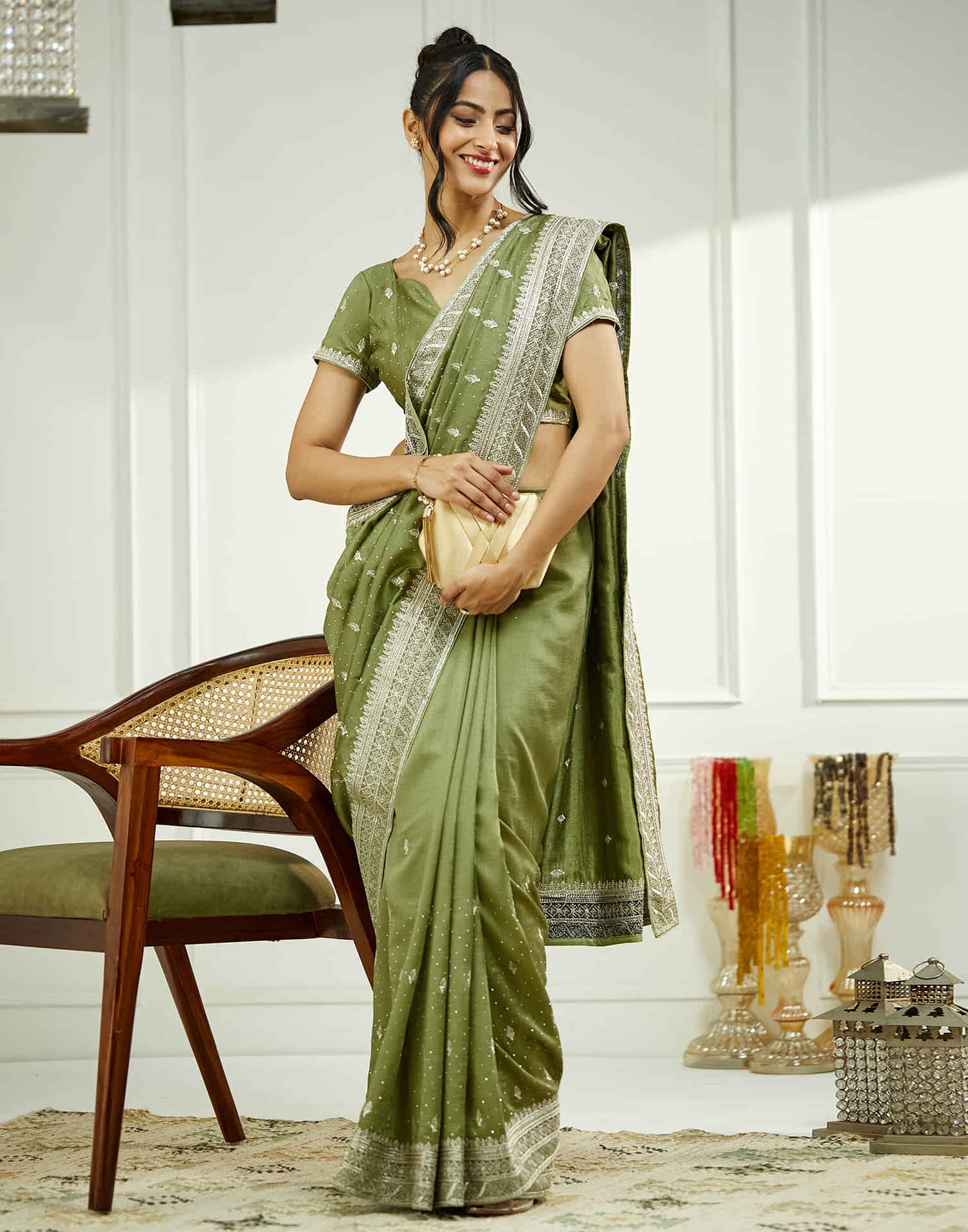 Dark Pista Green Silk Embroidery Swarovski Saree