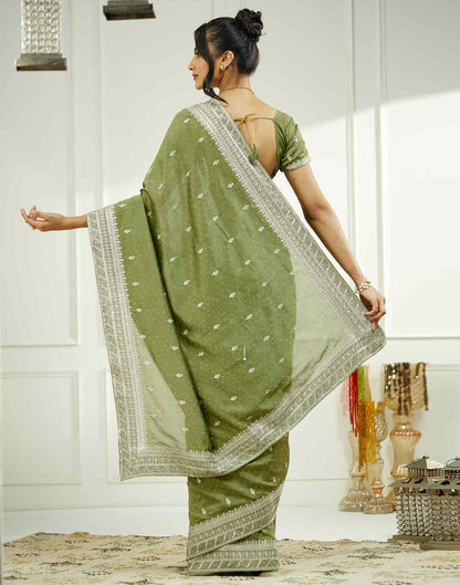 Dark Pista Green Silk Embroidery Swarovski Saree