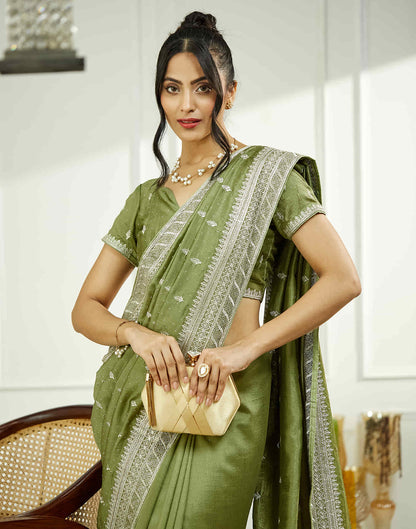 Dark Pista Green Silk Embroidery Swarovski Saree