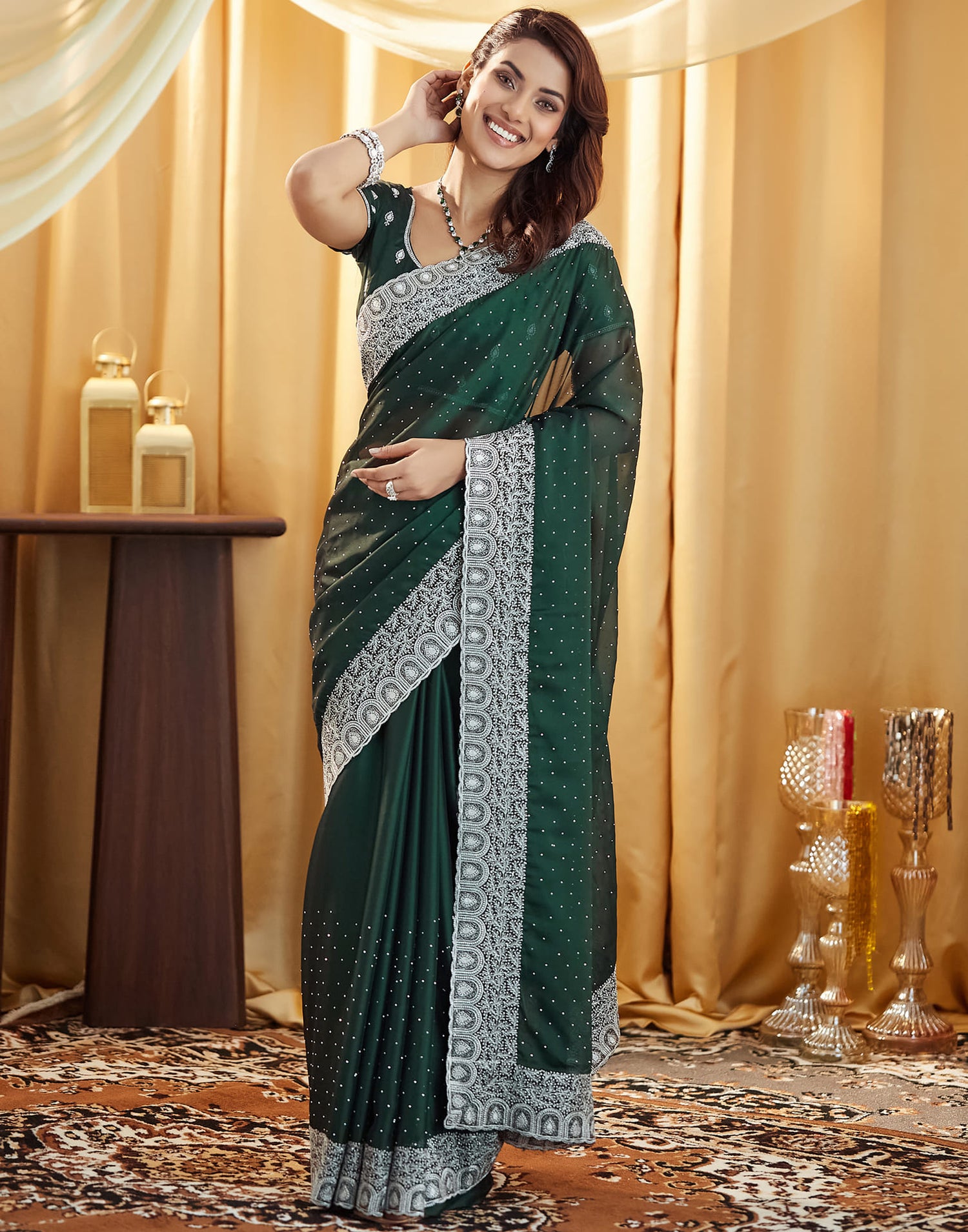 Bottle Green Georgette Embroidery Embellished  Saree