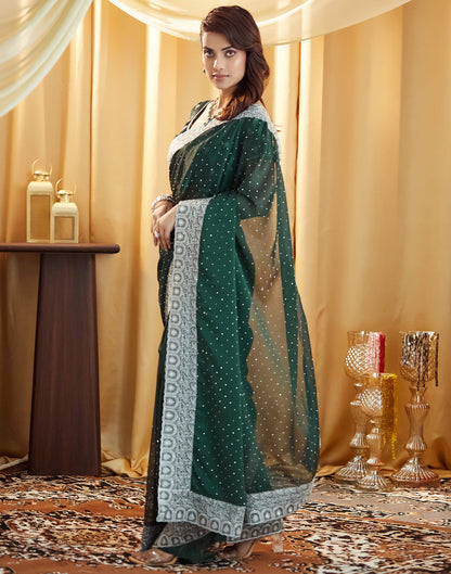 Bottle Green Georgette Embroidery Embellished  Saree