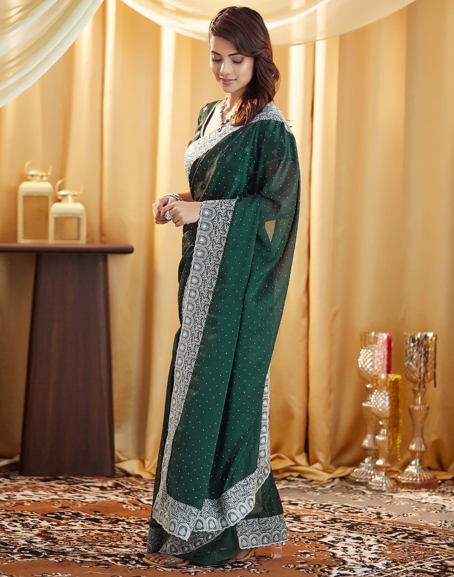 Bottle Green Georgette Embroidery Embellished  Saree