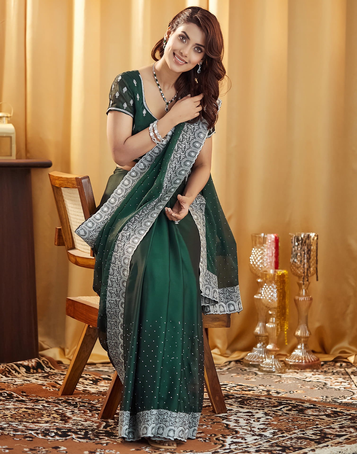 Bottle Green Georgette Embroidery Embellished  Saree