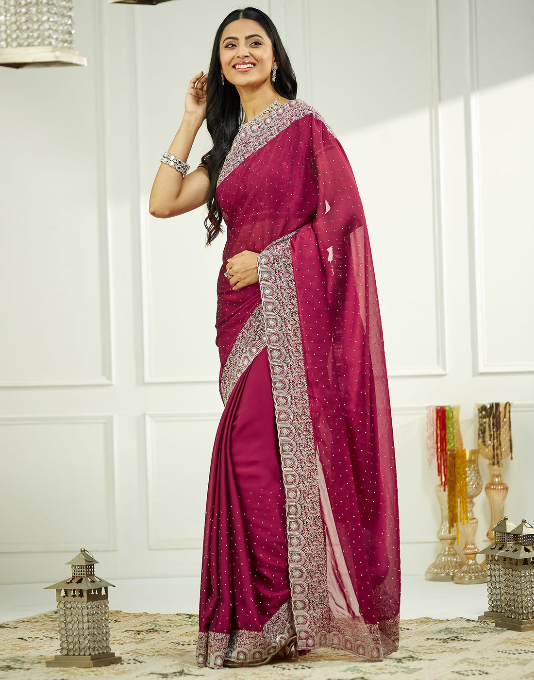 Purple Georgette Embroidery Embellished  Saree