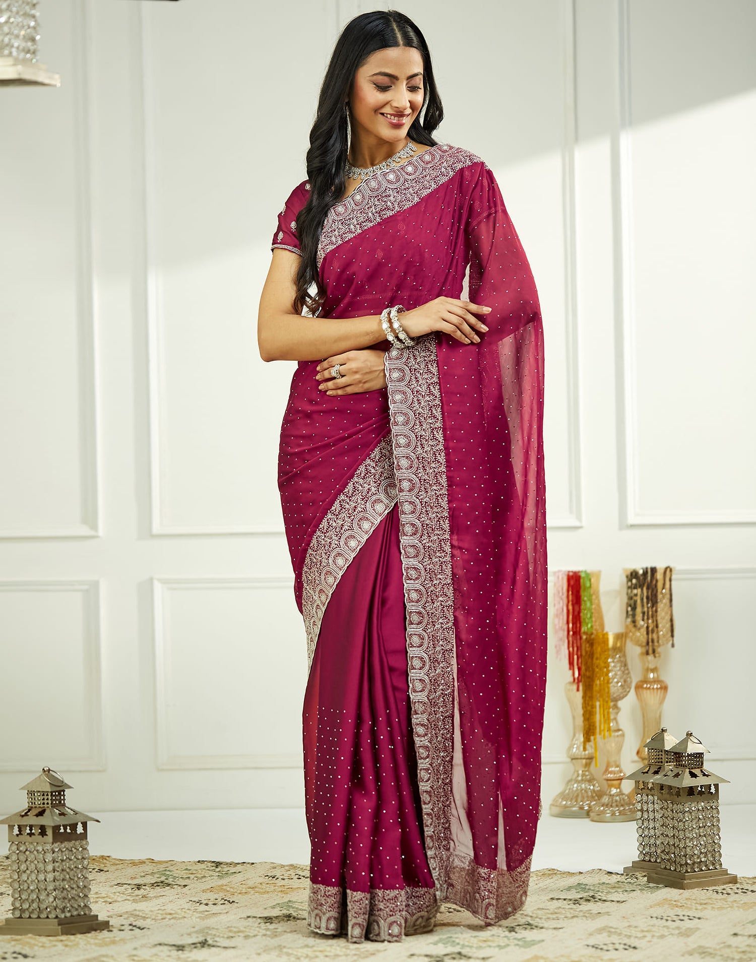 Purple Georgette Embroidery Embellished  Saree