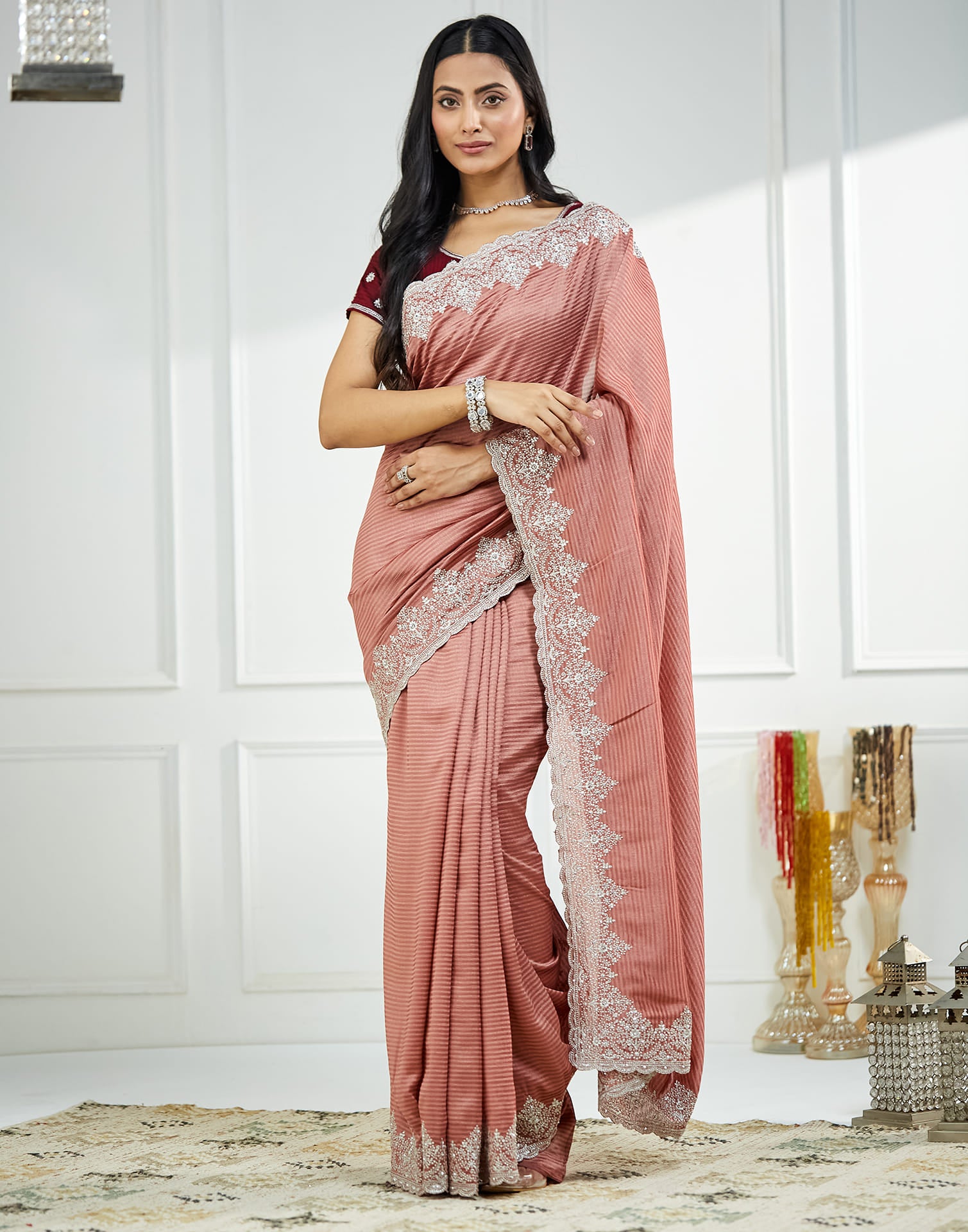 Dusty Pink Silk Embroidery Embellished  Saree