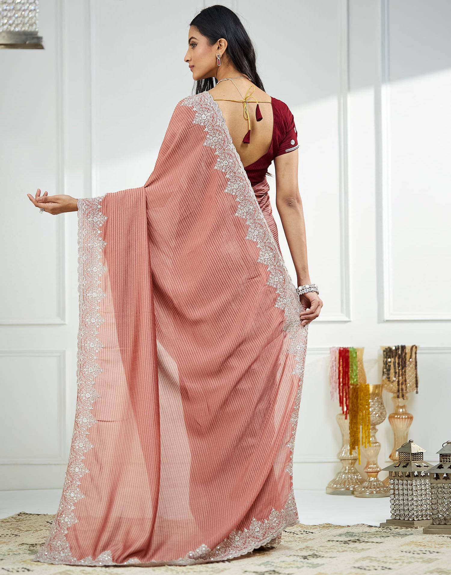 Dusty Pink Silk Embroidery Embellished  Saree