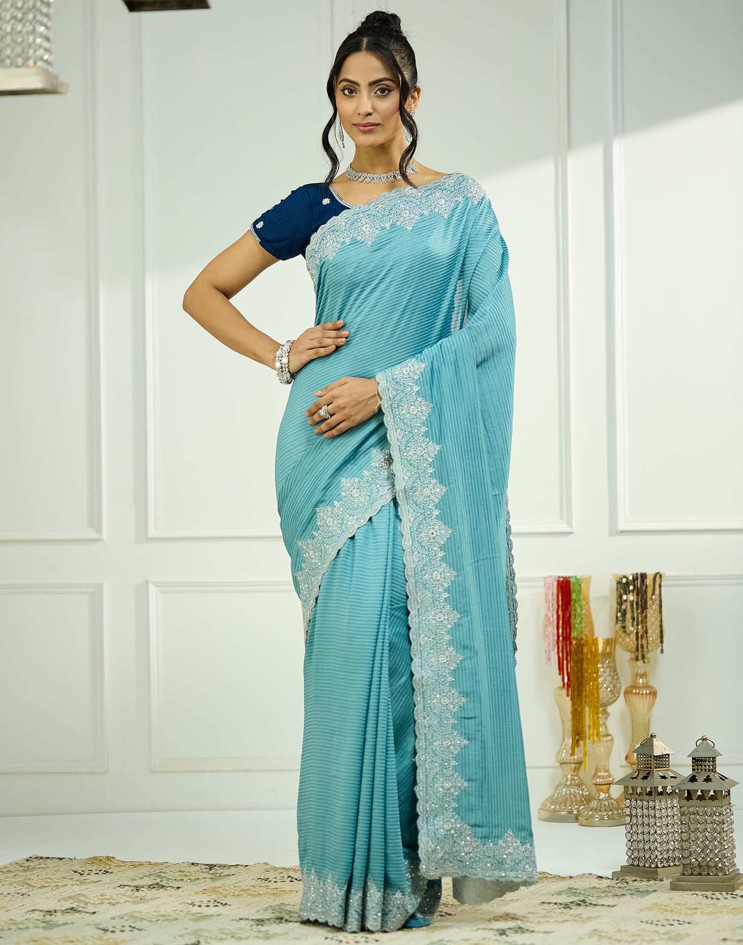 Sky Blue Silk Embroidery Embellished  Saree