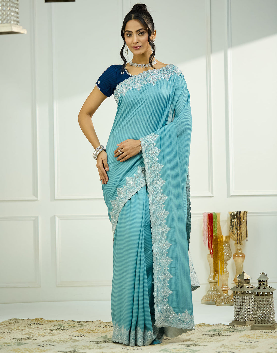 Sky Blue Silk Embroidery Embellished  Saree