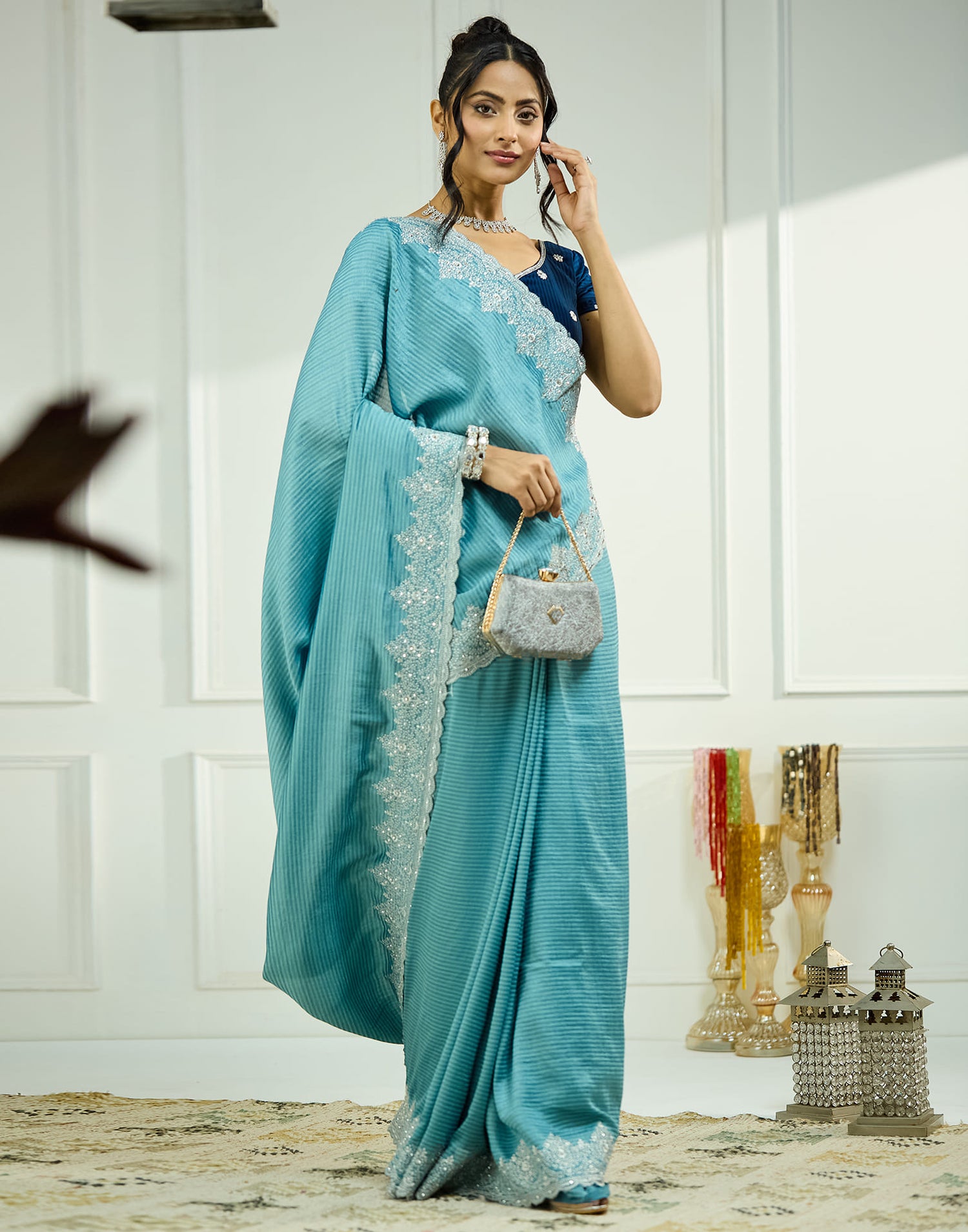 Sky Blue Silk Embroidery Embellished  Saree