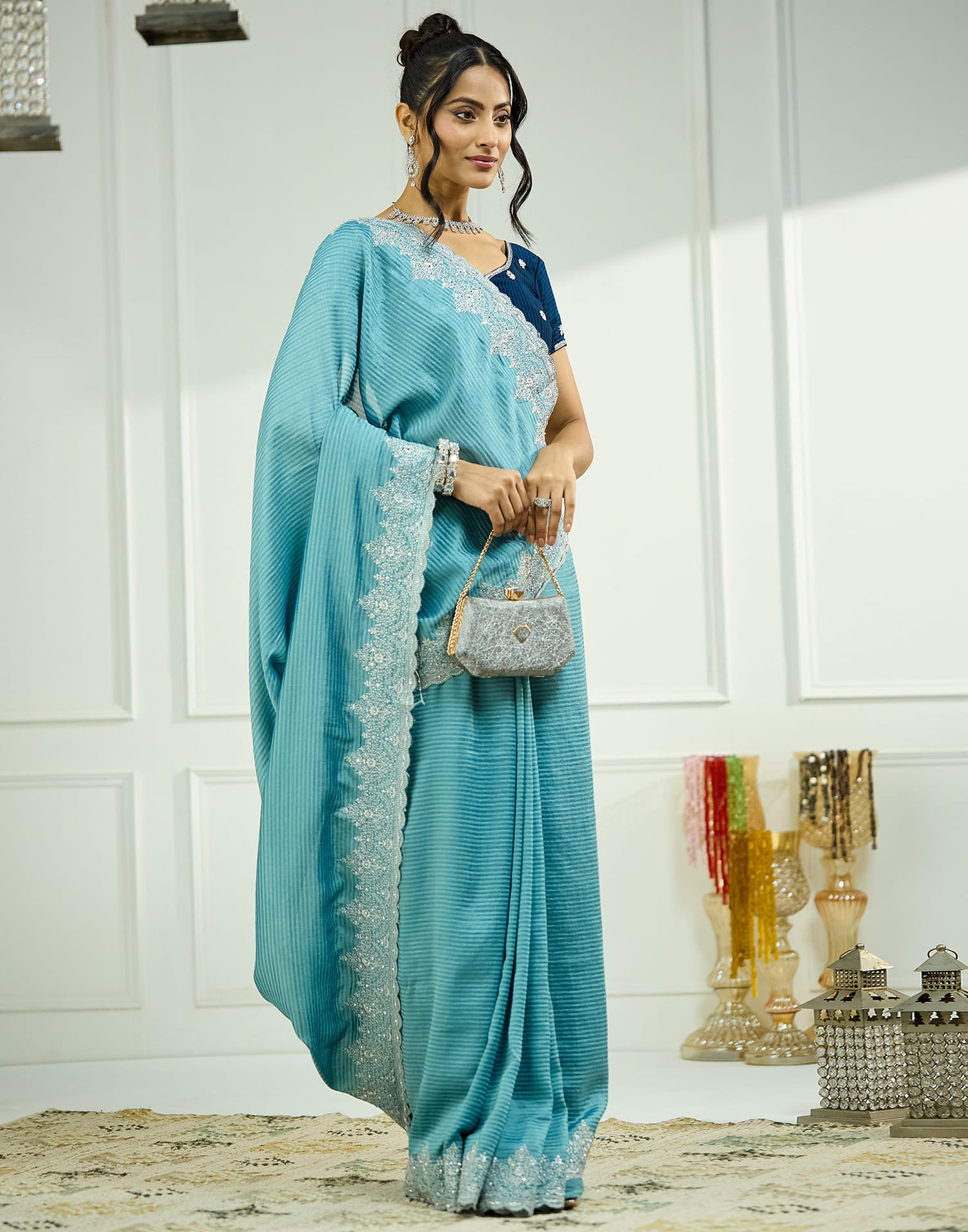 Sky Blue Silk Embroidery Embellished  Saree