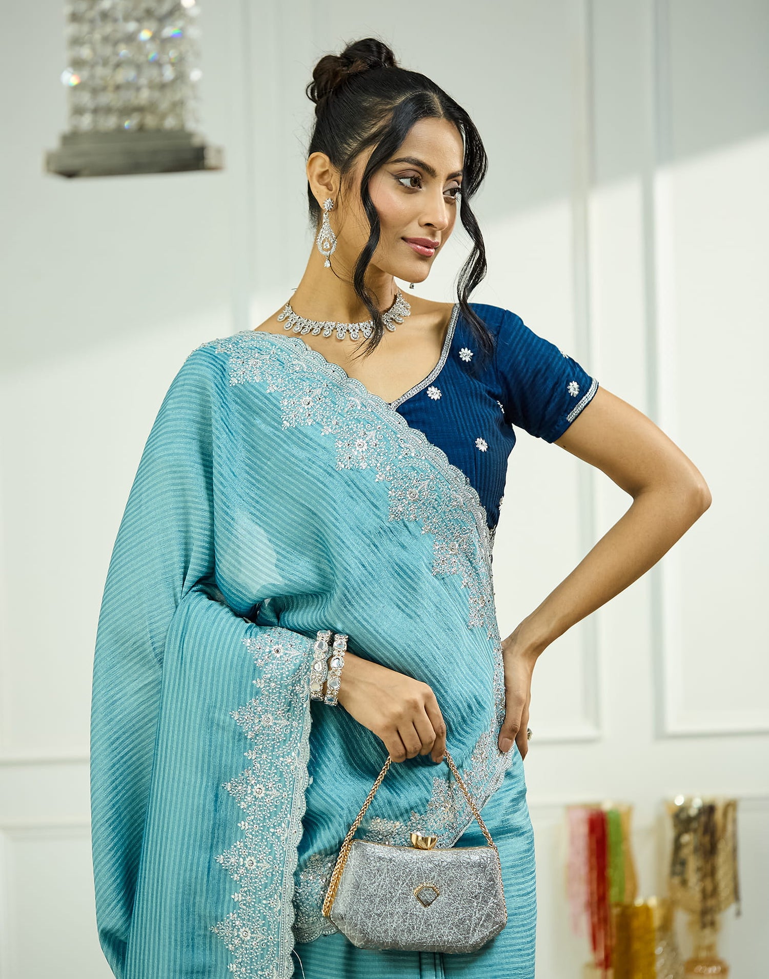 Sky Blue Silk Embroidery Embellished  Saree