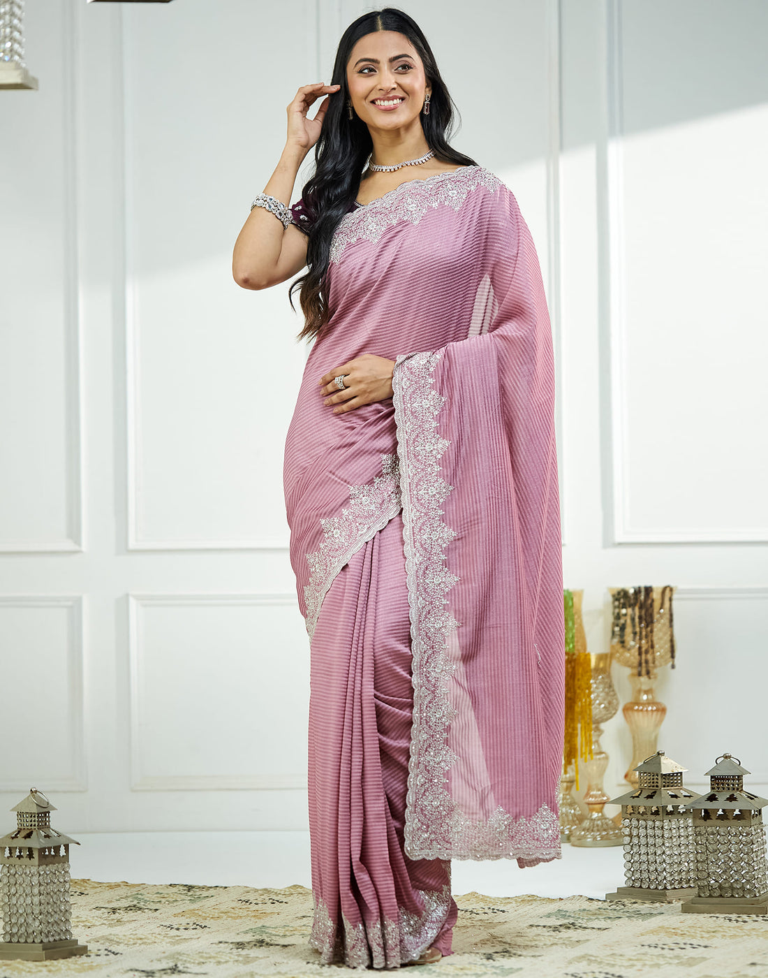 Dusty Purple Silk Embroidery Embellished  Saree