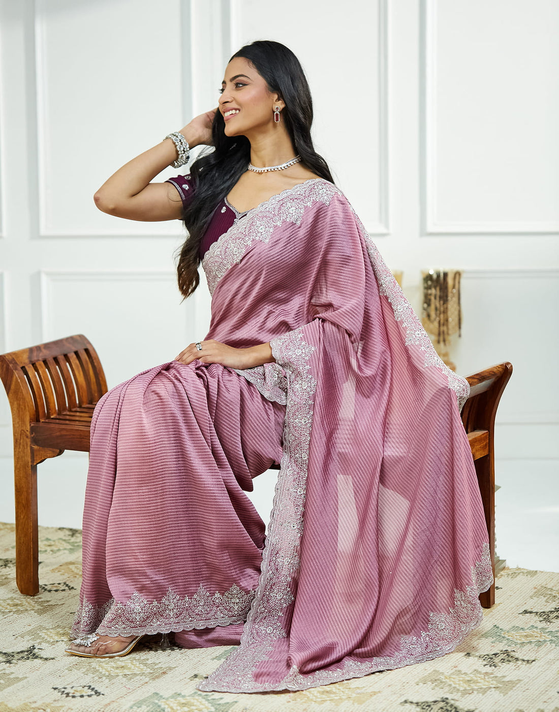 Dusty Purple Silk Embroidery Embellished  Saree