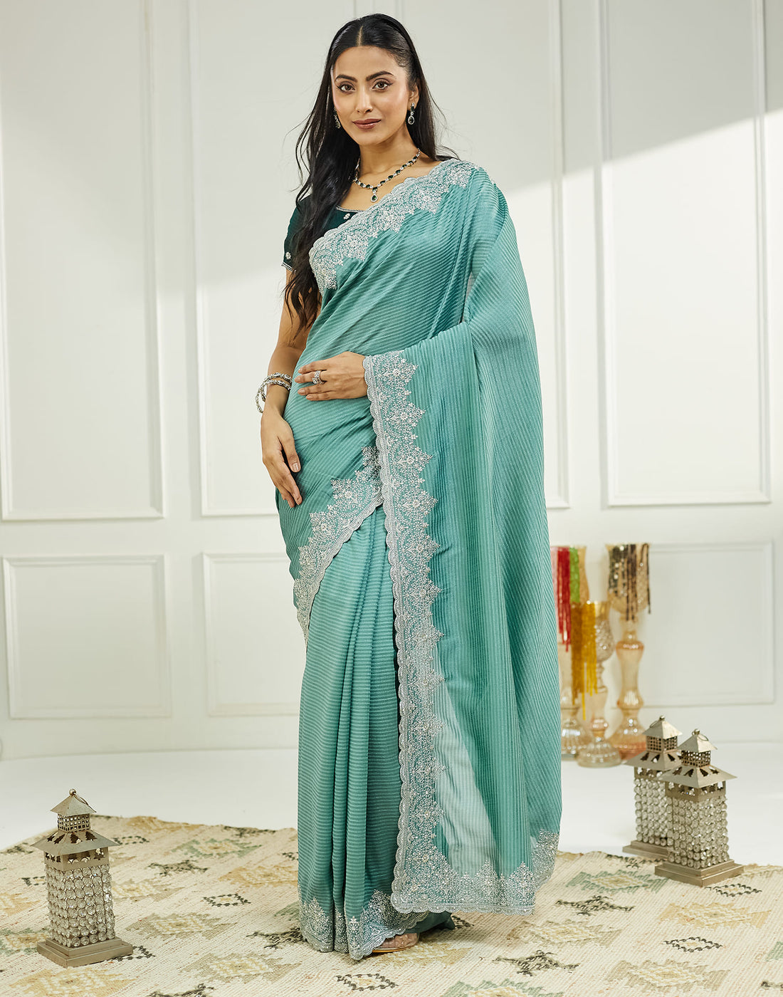 Light Turquoise Silk Embroidery Embellished  Saree