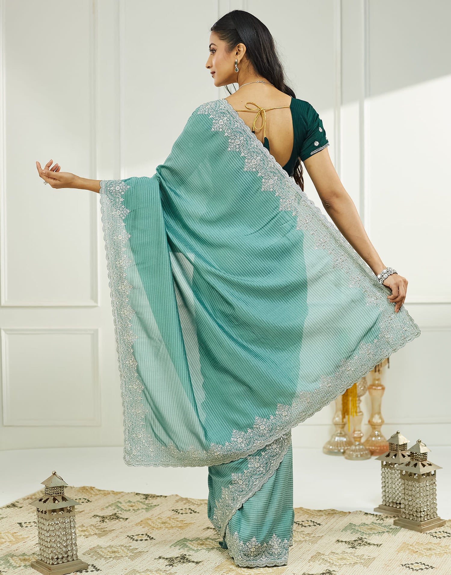 Light Turquoise Silk Embroidery Embellished  Saree