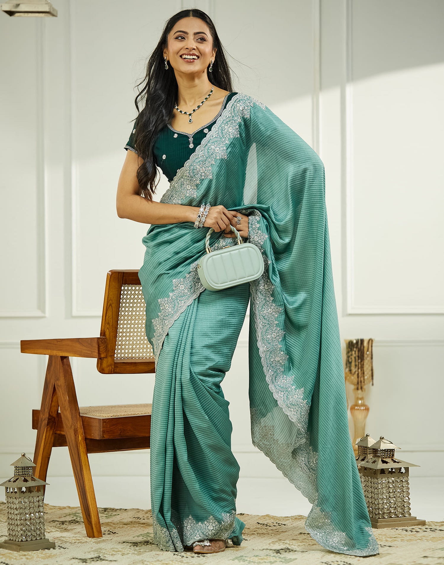 Light Turquoise Silk Embroidery Embellished  Saree