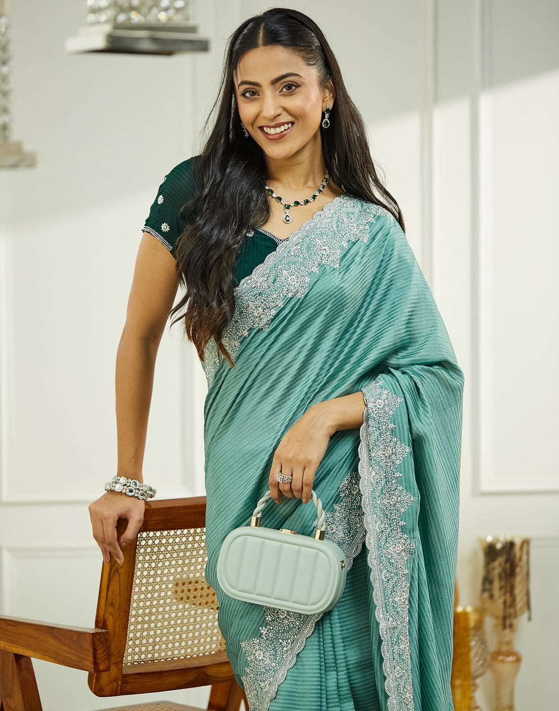 Light Turquoise Silk Embroidery Embellished  Saree