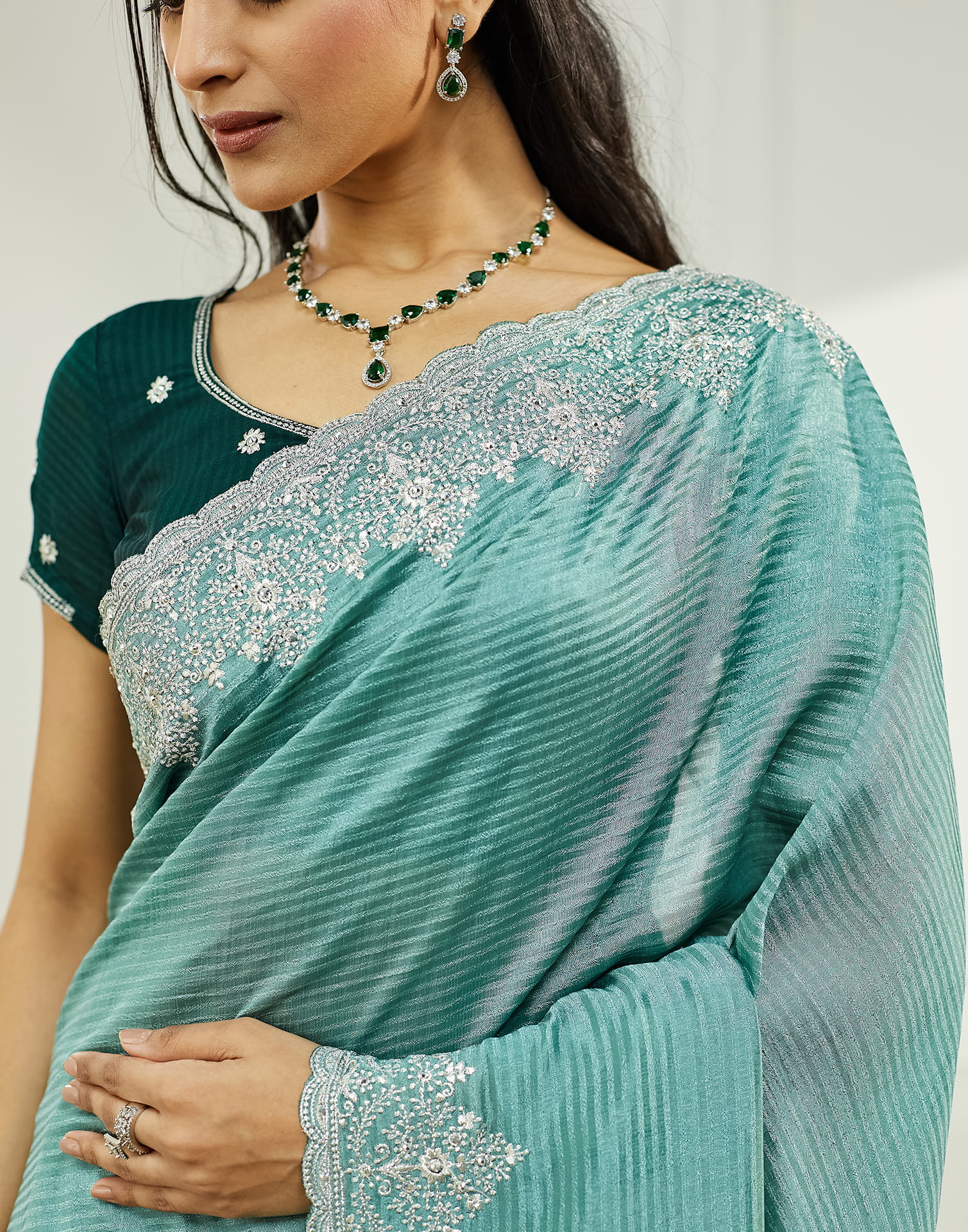 Light Turquoise Silk Embroidery Embellished  Saree