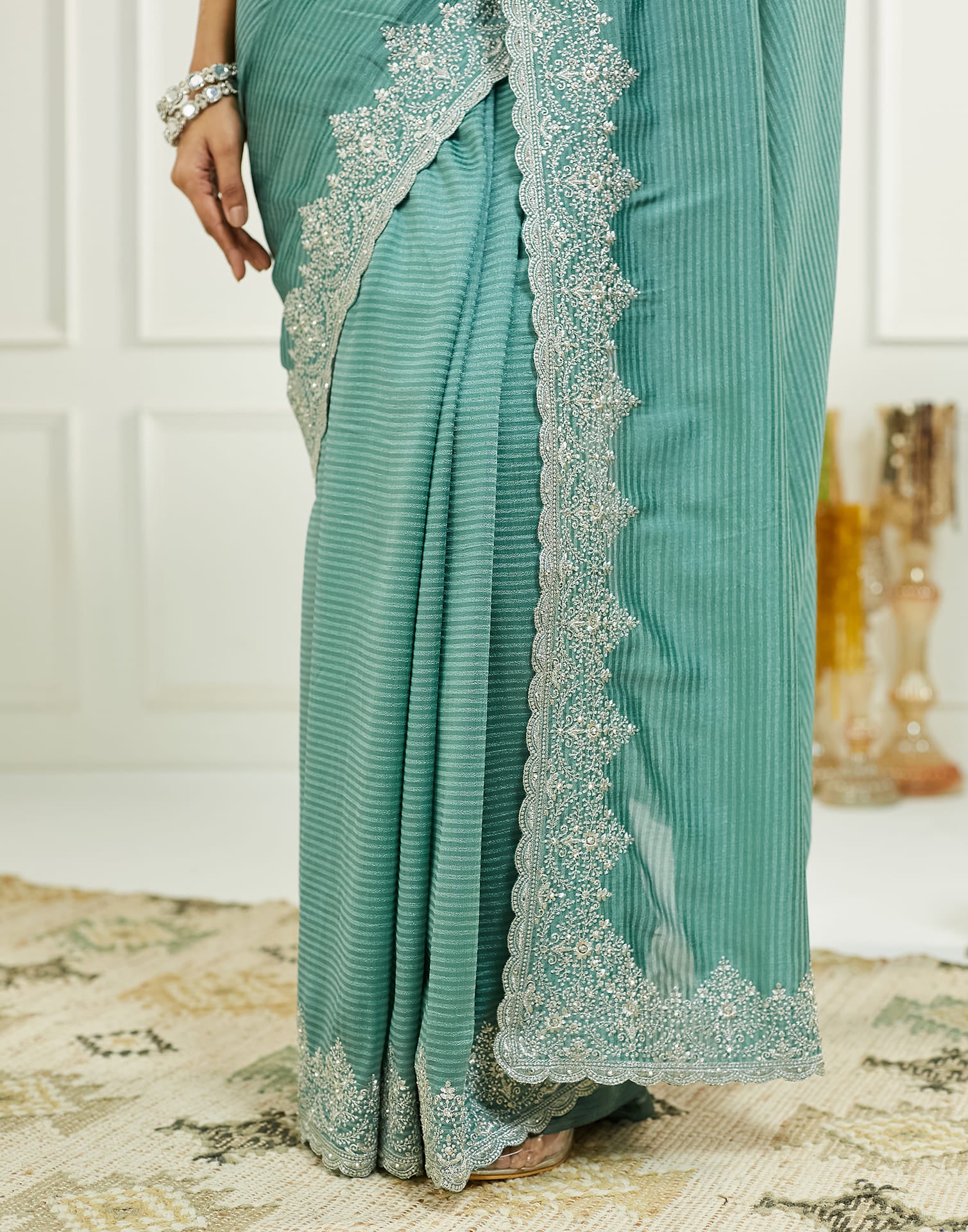 Light Turquoise Silk Embroidery Embellished  Saree