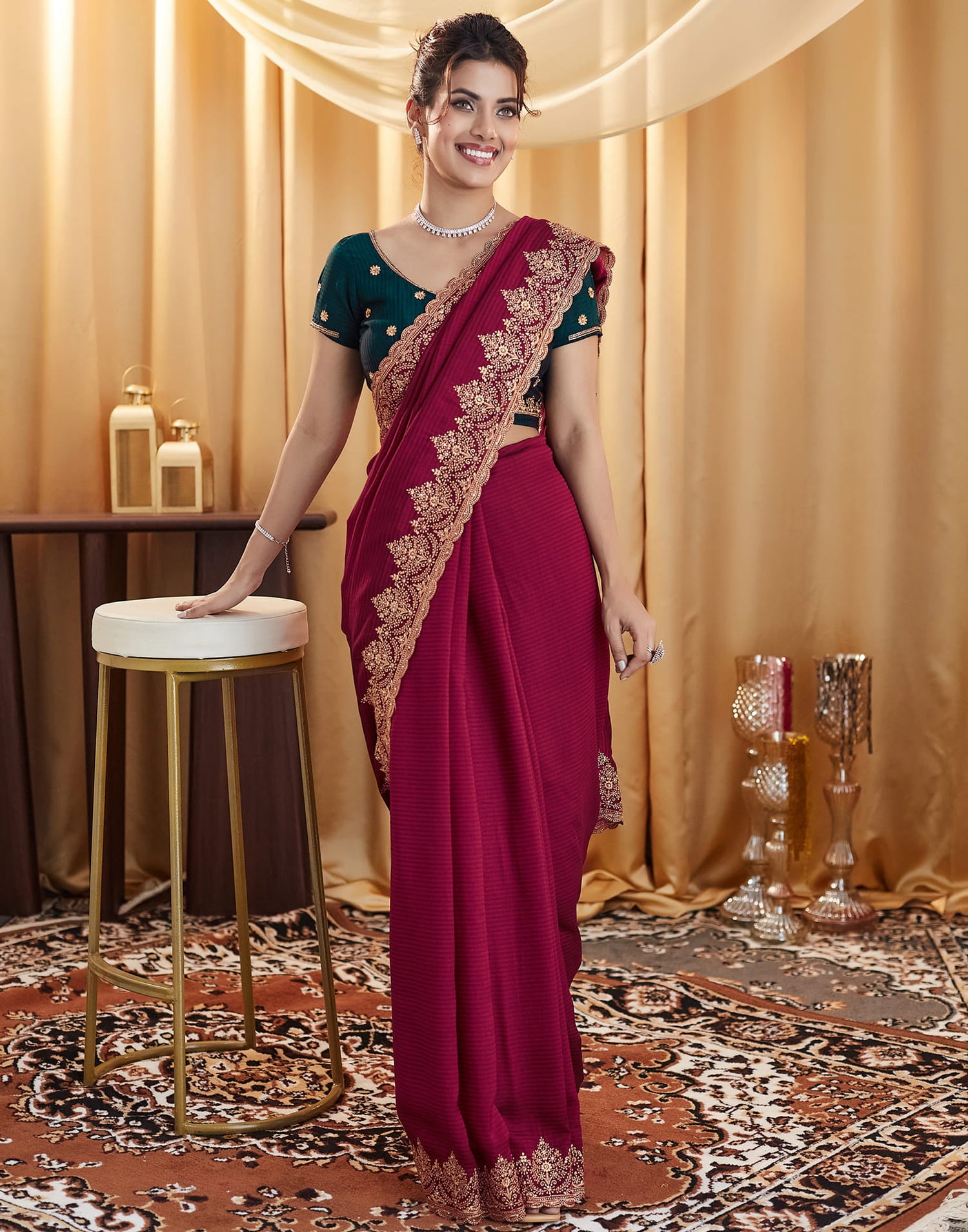 Dark Red Silk Embroidery Embellished  Saree