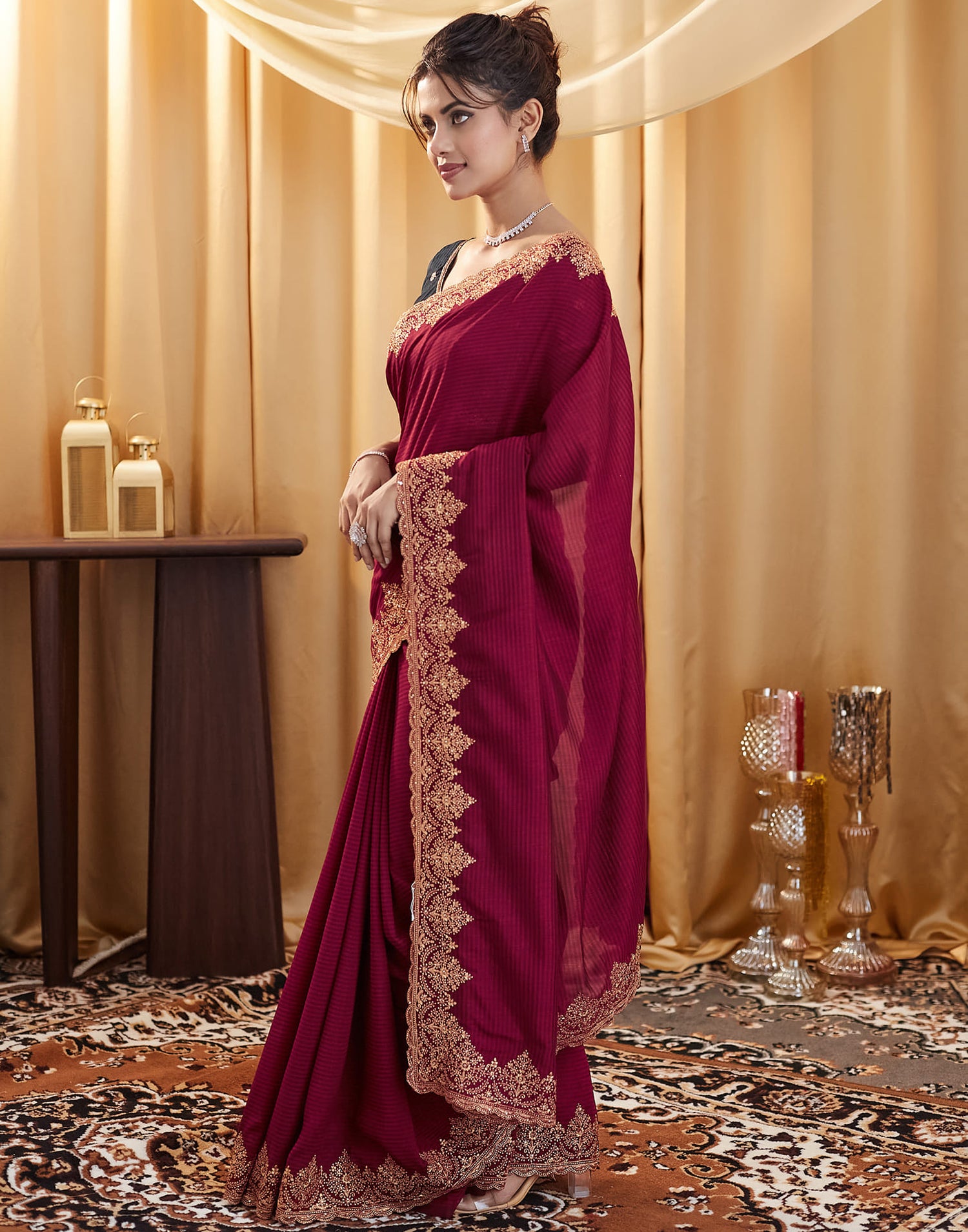 Dark Red Silk Embroidery Embellished  Saree