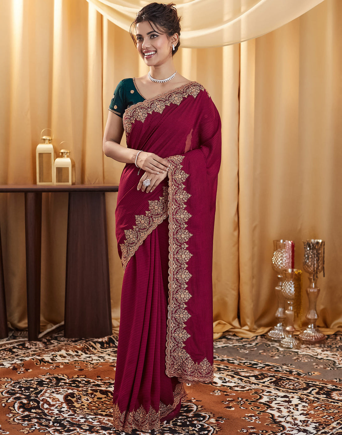 Dark Red Silk Embroidery Embellished  Saree