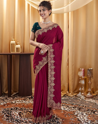 Dark Red Silk Embroidery Embellished  Saree