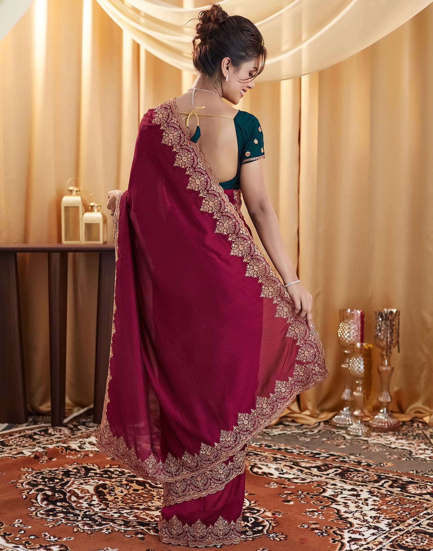 Dark Red Silk Embroidery Embellished  Saree