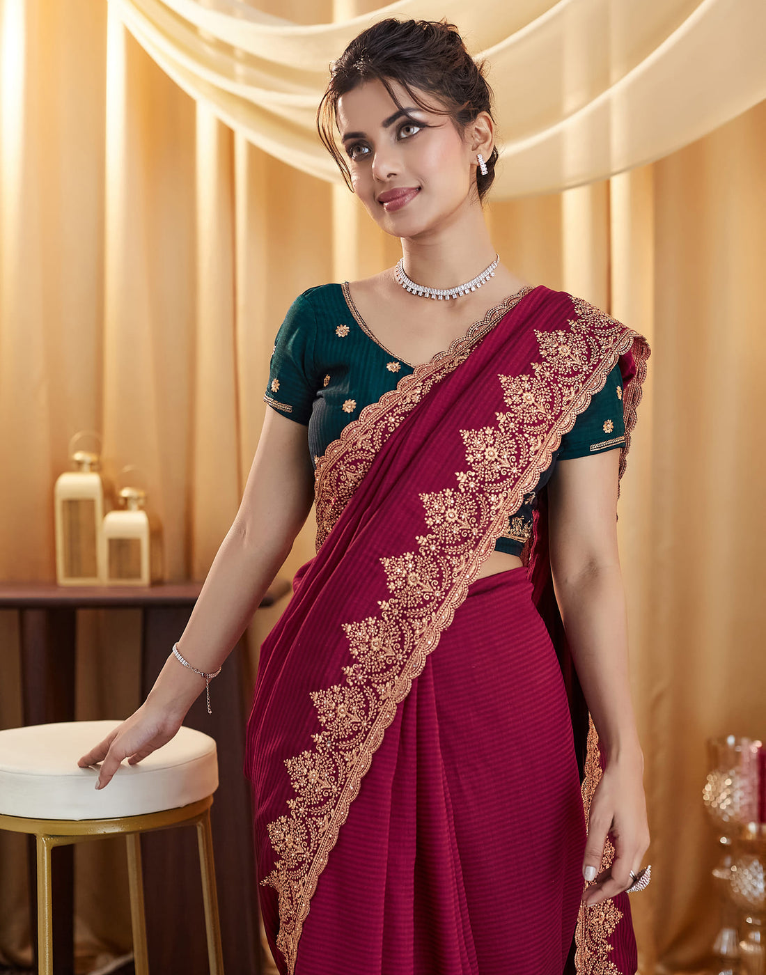 Dark Red Silk Embroidery Embellished  Saree