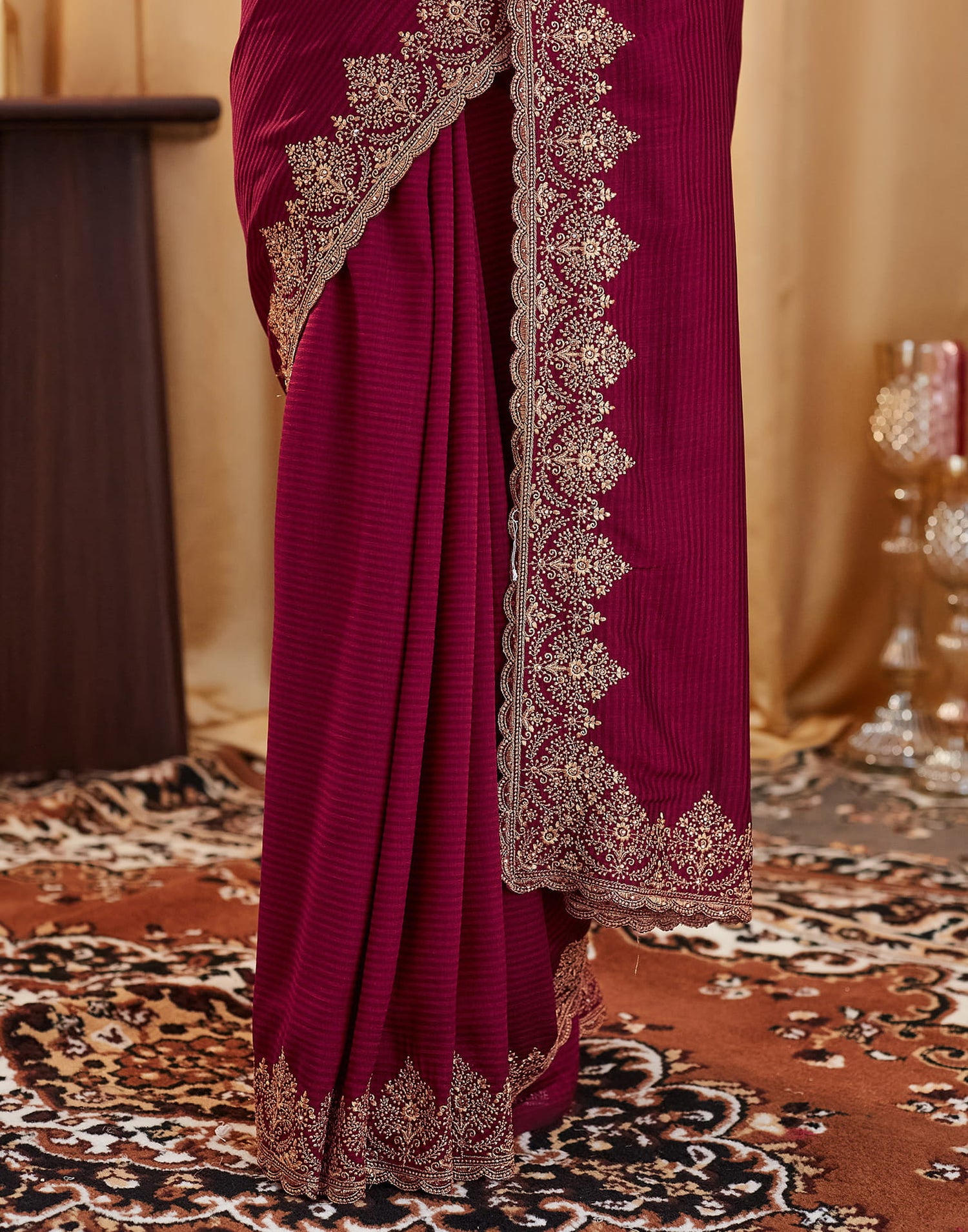 Dark Red Silk Embroidery Embellished  Saree