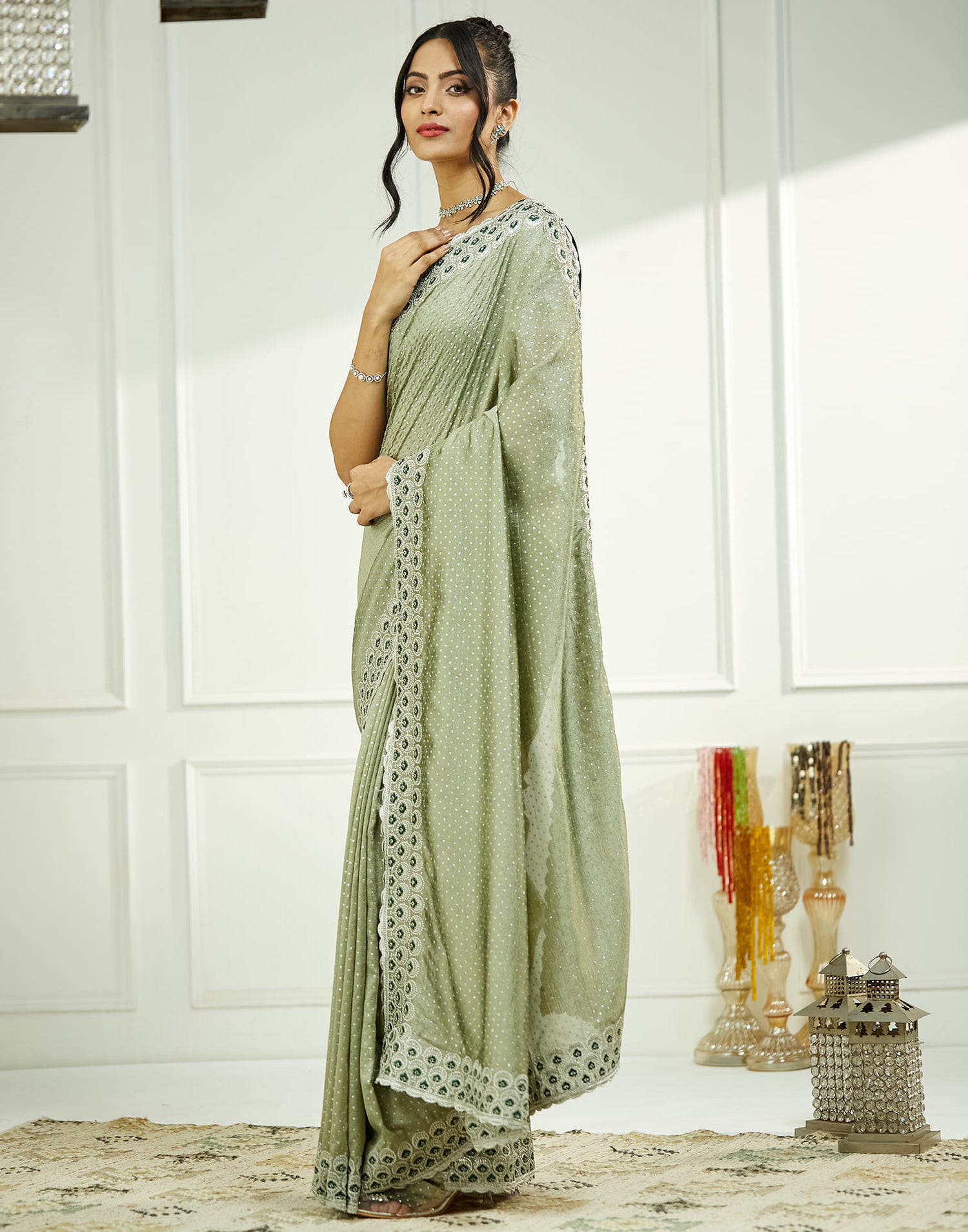 Light sage Green Silk Embroidery Embellished  Saree